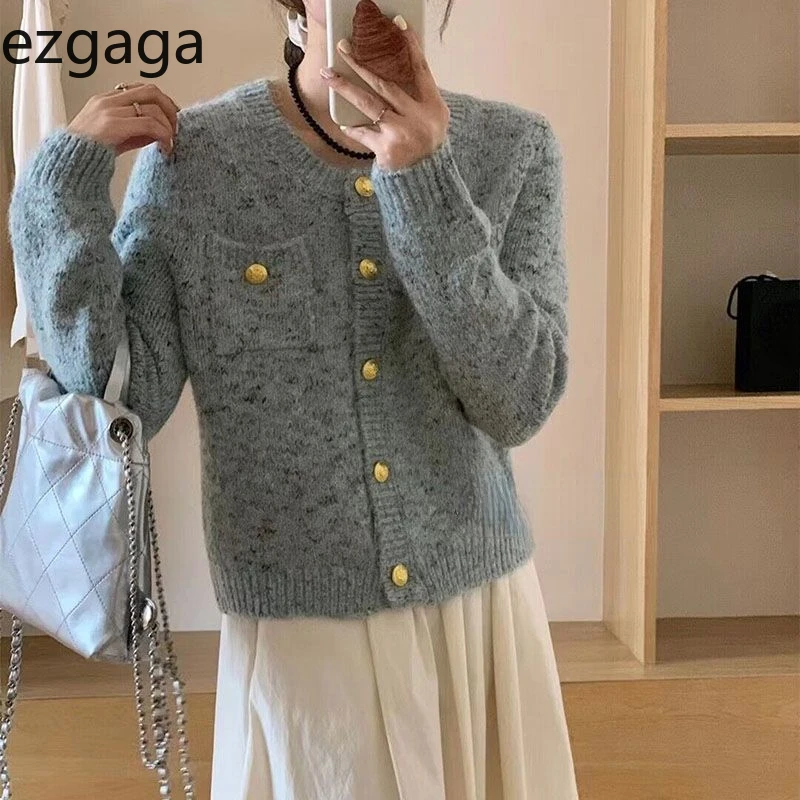 Ezgaga вязаный кардиган женский элегантный однобортный с круглым вырезом и