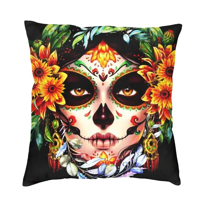 

Halloween Catrina Sugar Skull Square Throw Pillow Case Decorative Day Of The Dead Mexican Lady Cushion Cover for Living Room