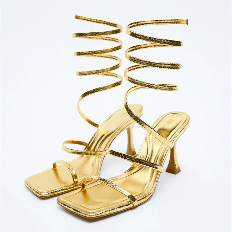 

ZARZ 2022 Summer New Women's High-Heeled Shoes Gold Spiral Strap Fashion High Heel Sandals Casual Square Head Sexy Pumps