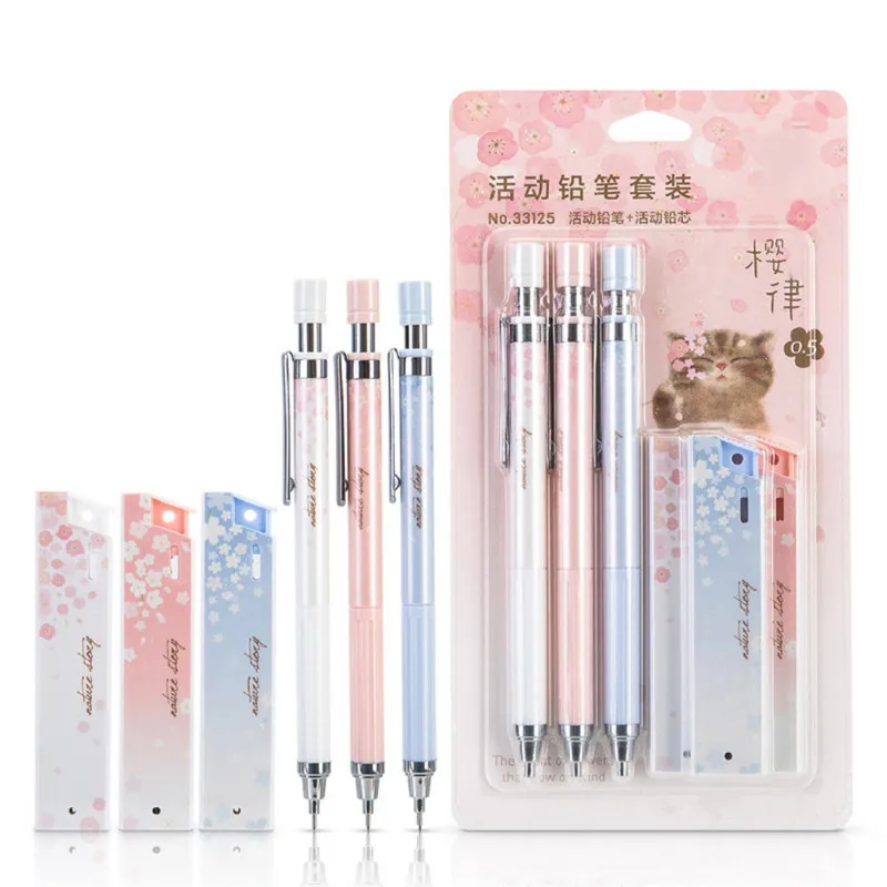 Set  Sakura Automatic Pencils With Black Lead Refills Stationery Writing Tool Student School Supplies