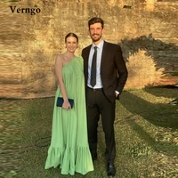 verngo light green matte satin evening dresses one shoulder long sleeve floor length women formal party dress simple prom gown