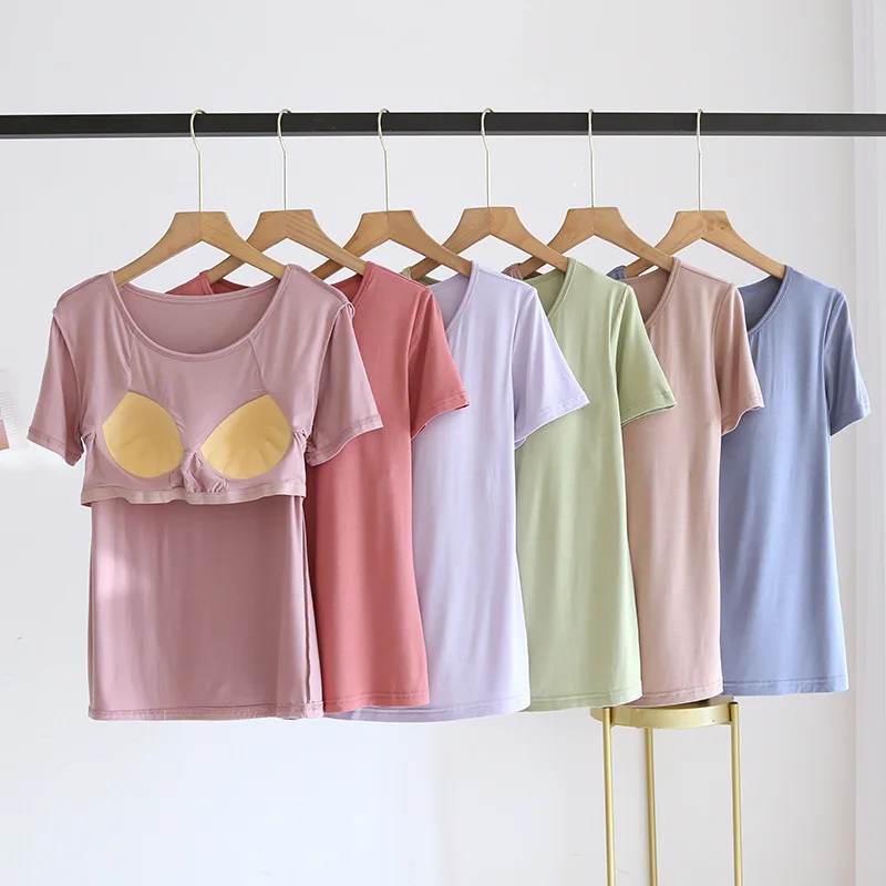 

New Summer Ladies Modal Pajamas One Piece Top T-Shirt With Chest Pad Short Sleeve Bottoming Shirt Homewear sleep wear women