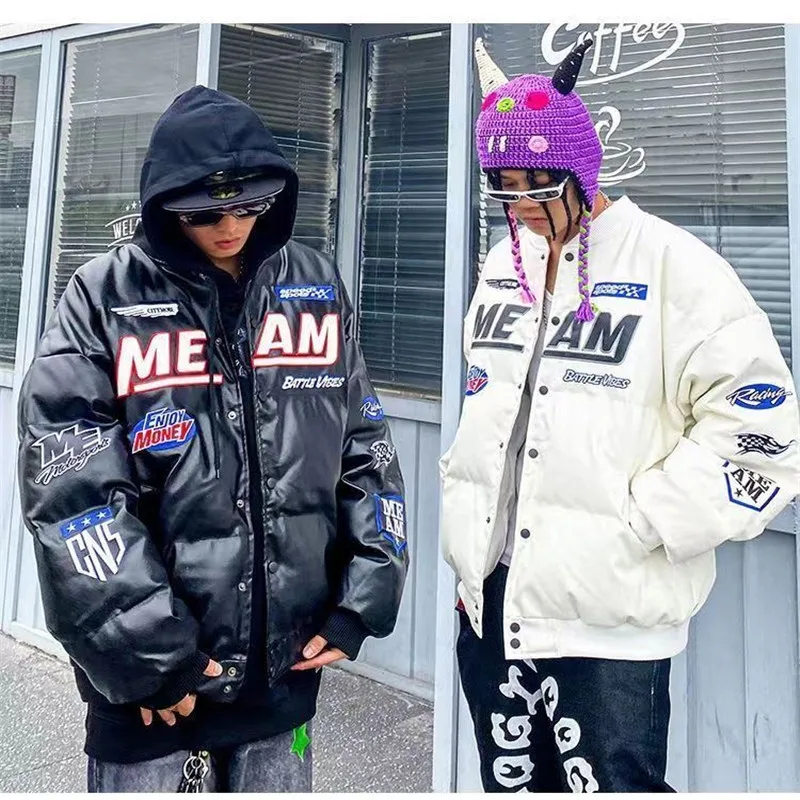 American style PU leather street embroidered padded motorcycle jacket baseball suit men's and women's loose cotton suit