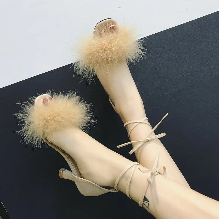 

Rabbit Fur Ladies Sandals Summer Pointed Hairy Sexy Fine Super High Heels