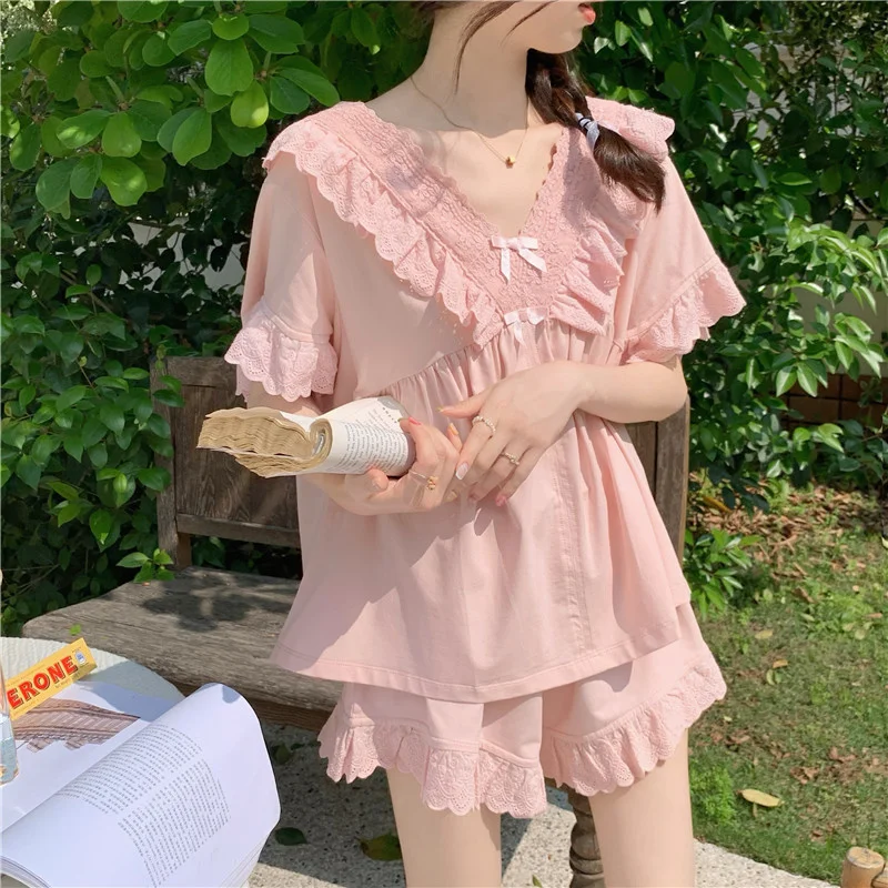 

Korean Style Cotton Cute Embroidery Short Sleeve Shorts Pajama Set Women Sleepwear V-neck Pijamas Ruffles Home Clothes Out Wear