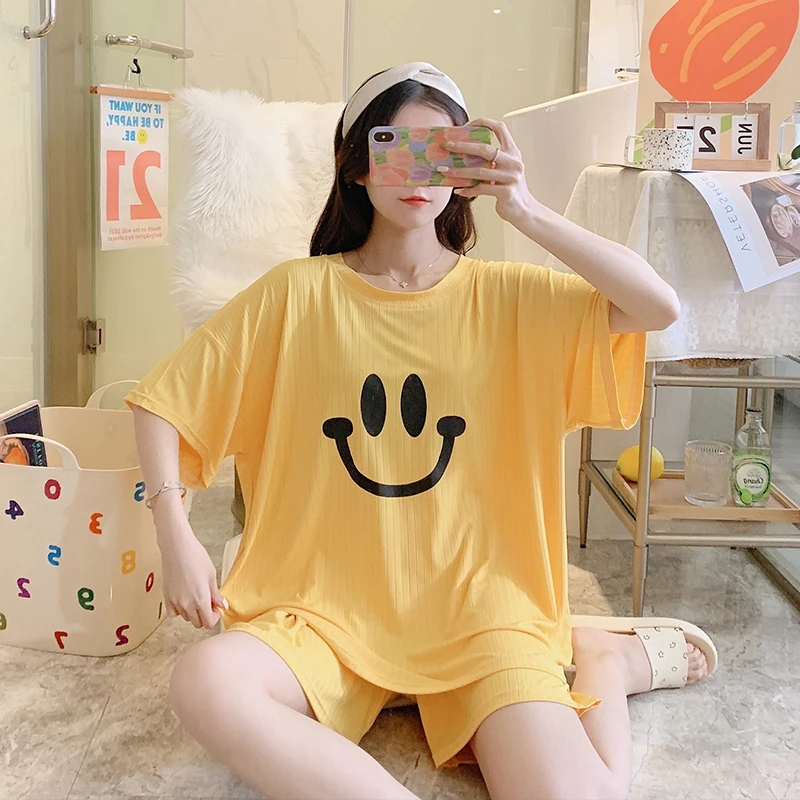 Pajamas Women's Summer New Round Neck Printing Two-piece Korean Version Loose Plus Fertilizer To Increase Home Wear