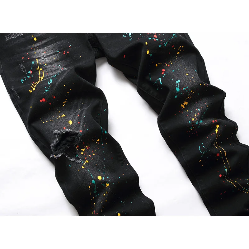 Jeans Men New Elastic Black Pants Slim Fit and Perforated Personalized Trendy Pants Men