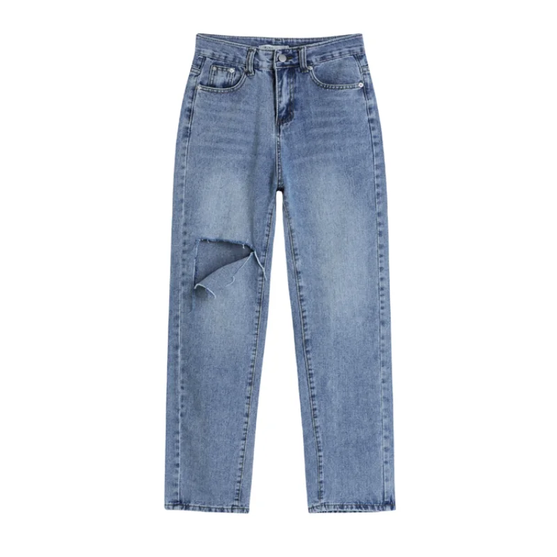 2021 New Summer Women High Waist Straight Jeans Street Style Casual Ripped Hole Jeans Female Blue Washed Loose Pop Denim Pants