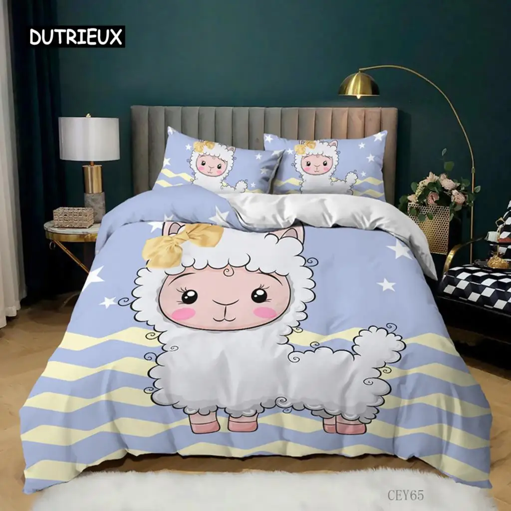 Cartoon Sheep Duvet Cover Set King Cute Little with A Yellow Bow Comforter for Kids Girls Polyester Twin Quilt