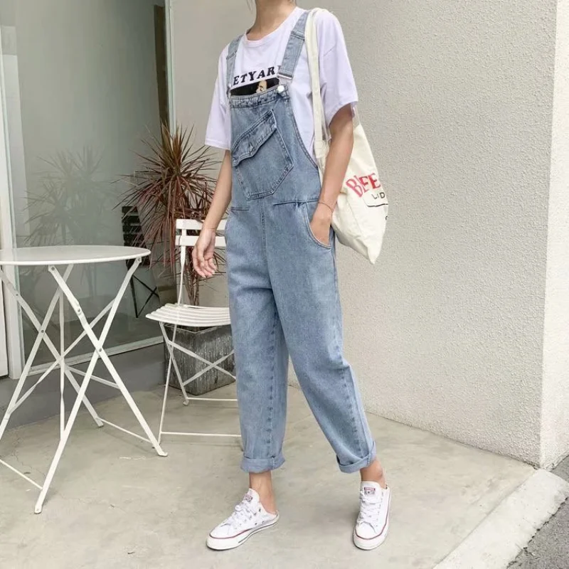 Vintage Quality Fashion Jumpsuits Classic High Waist Trousers Denim Pants Wide Leg Clothing Blue Straight Rompers Woman Jeans