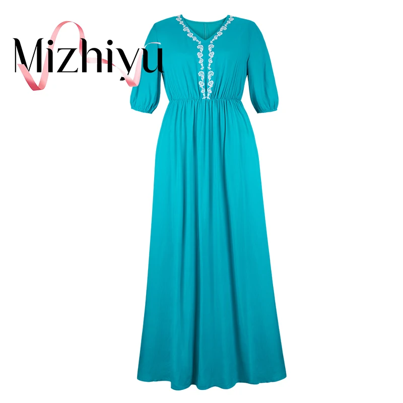 

Mizhiyu 2022 Summer New Women's Fashion And Elegant V-neck Flower Embroidery Ethnic Style Long Trumpet Sleeve Light Blue Dress