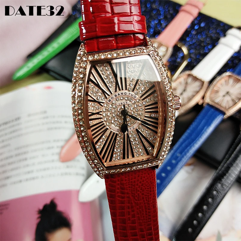 

Luxury Diamond Crystal Women Watches Top Brand Leather Quartz Watches Female Ladies Iced Out Rhinestone Clock Tonneau Wristwatch