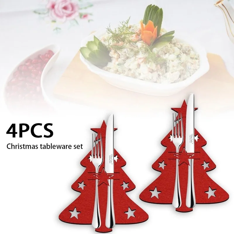 

4PCS Christmas Tree Cutlery Bag Unique Exquisite Cutlery Holder Organizer For New Year Christmas Festive Home Table Decoration