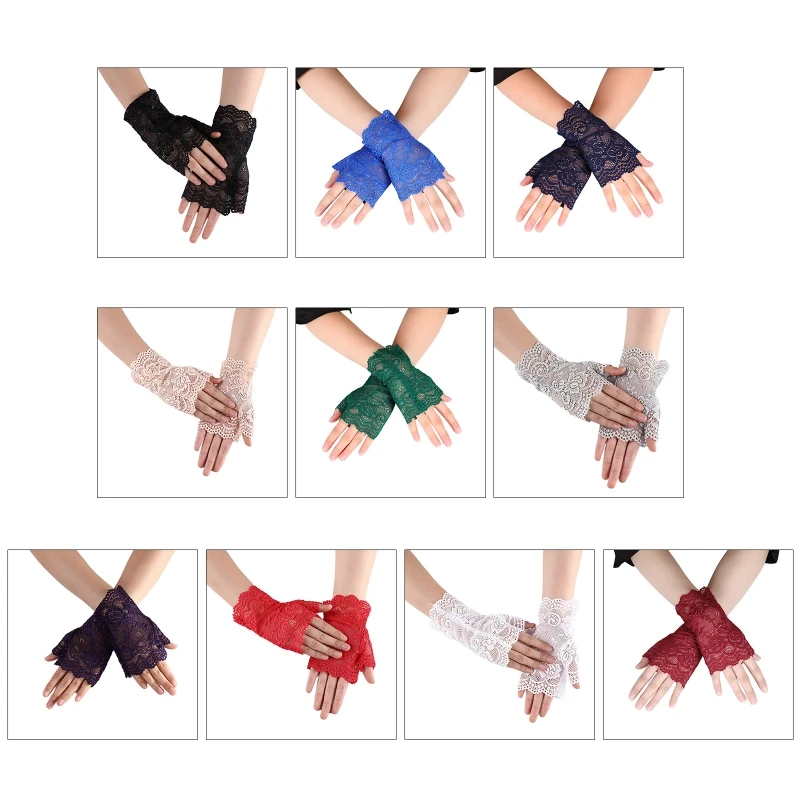 

Sexy Elastic Mesh Gloves with Floral Decor Bungee Stage Performance Hollow Fishnet Punk Hip Hop Women Half Finger Gloves