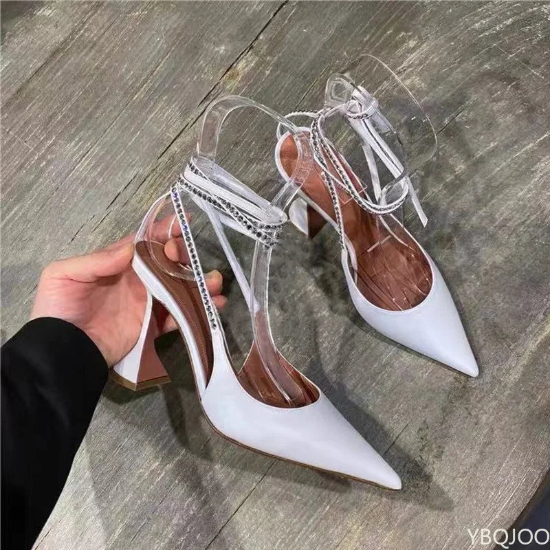 

New Rhinestone Sandals Fine Heel Sandals 2022 Women Crystal Lacing Diamond High Heels Sandalias Pointed Tip Large Size 34~42