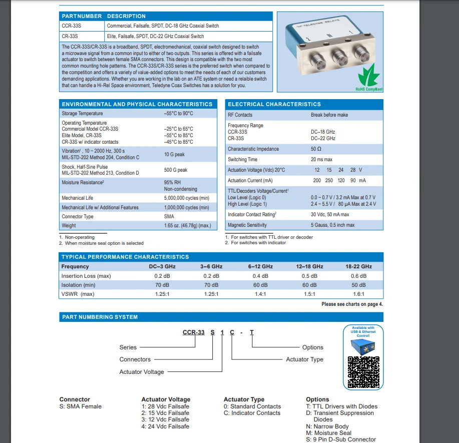 CCR-33S10 Телединалайры 12 В 28 В DC-18 ГГц SPDT SMA RF коаксиальный переключатель (art.: 3920cb2f3d295) - 3920cb2f3d295
