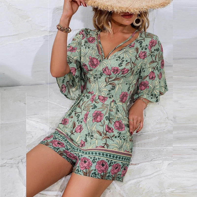 

Женский комбинезон с цветочным принтом YEMOGGY, Летний комбинезон, новинка 2023, повседневный Свободный мини-комбинезон с коротким рукавом с оборками и широкими штанинами