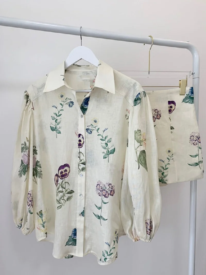 

Women's Floral Print Long Sleeve Single Breasted Shirt or High Waist Zipper Shorts