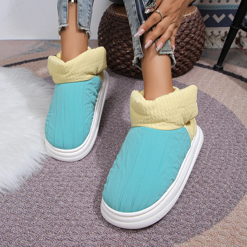 

Женские хлопковые туфли на плоской подошве, повседневные ботинки контрастной расцветки с плюшевой подкладкой, утепленные высокие туфли для дома, новинка зимы 2023