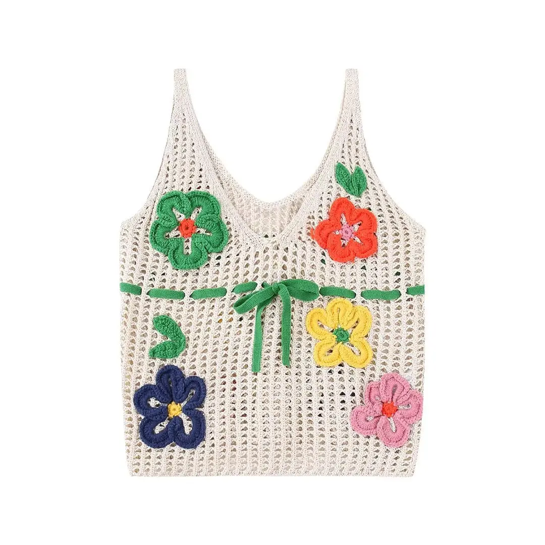 

Korean applique Hooked Flower Sleeveless Knitted Tank Top Women's Summer Fresh And Slim Short Style Girls Tees