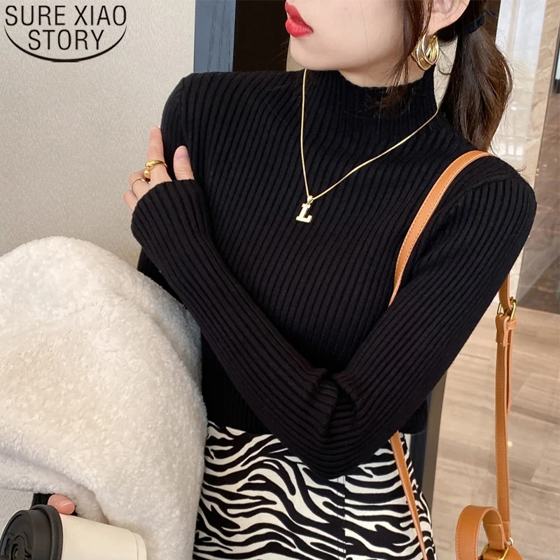 

Elegant Half High Collar Knitted White Pullover Sweater Autumn Winter Vintage Long Sleeve Bottoming Women Tops Jumper Pull 22848