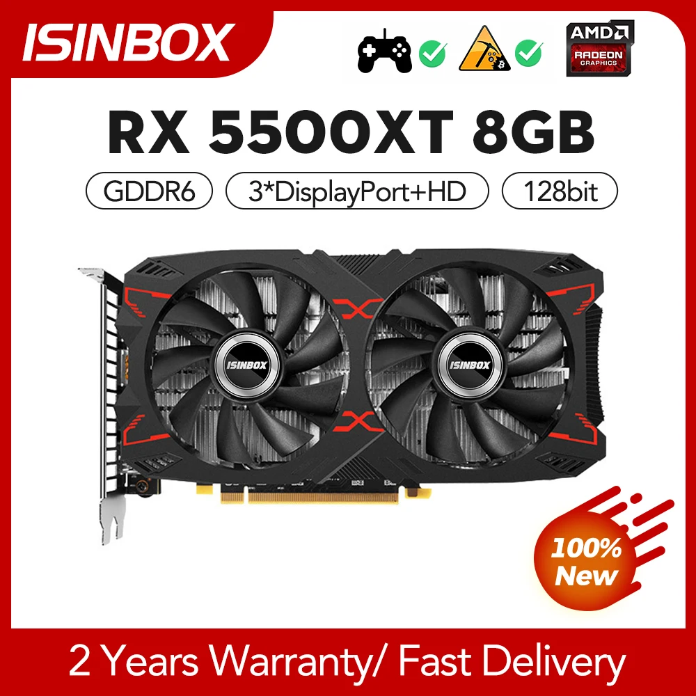 

ISINBOX RX 5500XT 8GB Graphics Card GDDR6 128Bit PCI-E 4.0 X8 3 DP HD 8Pin Video Card for AMD Radeon RX5500XT 5500 XT 8G Gaming