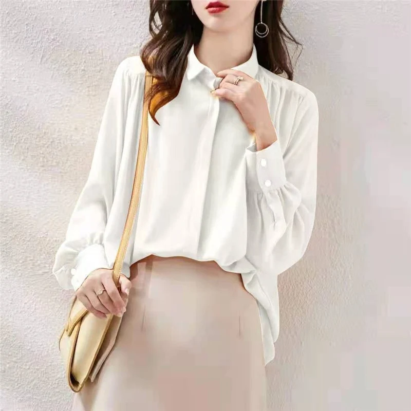 Ruffled Chic Simple Casual Loose Solid Streetwear Button Shirt Fashion Lapel Long Sleeve Top Blouse Women Blusas Mujer Clothing