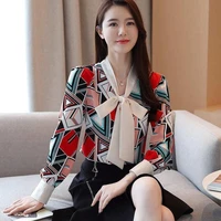 printed chiffon shirt womens 2022 new spring autumn fashion contrasting colors blouses women casual shirt with ribbon collar