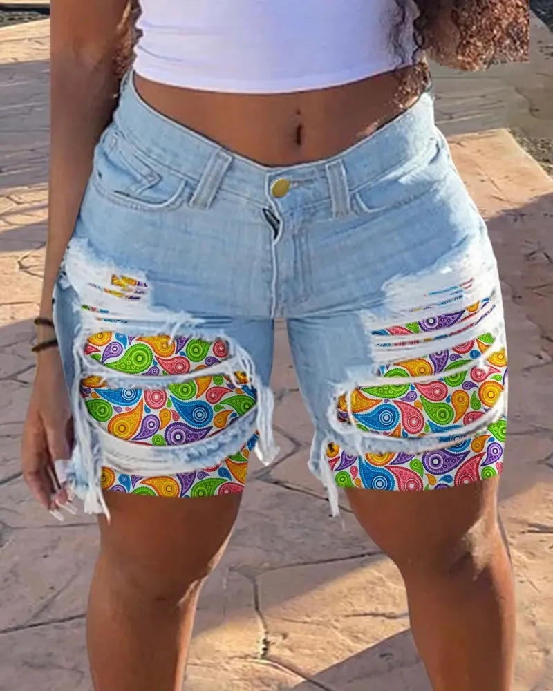 

Women Jeans Shorts Paisley Print Ripped Raw Hem Denim Shorts