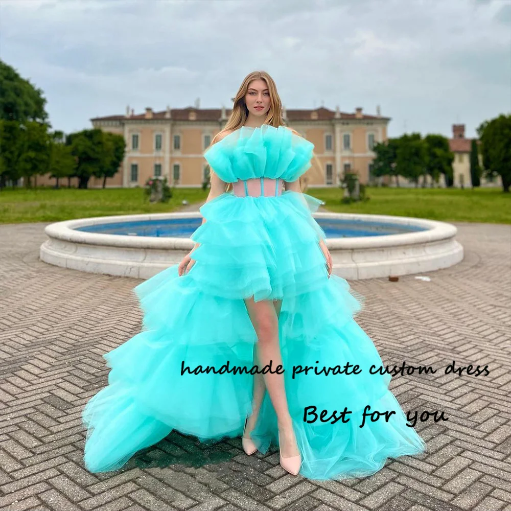 

Aqua Green High Low Prom Party Dresses Tiered Pleats Tulle Strapless Celebrate Occasion Dress Customized Evening Party Gowns