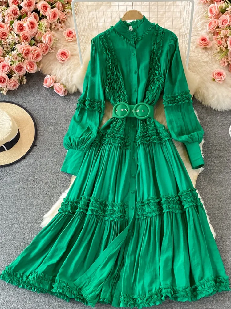 

High Quality Runway Autumn Ruffles Long Dress Women Stand Collar Long Sleeve Female Belted Holiday Party Dresses