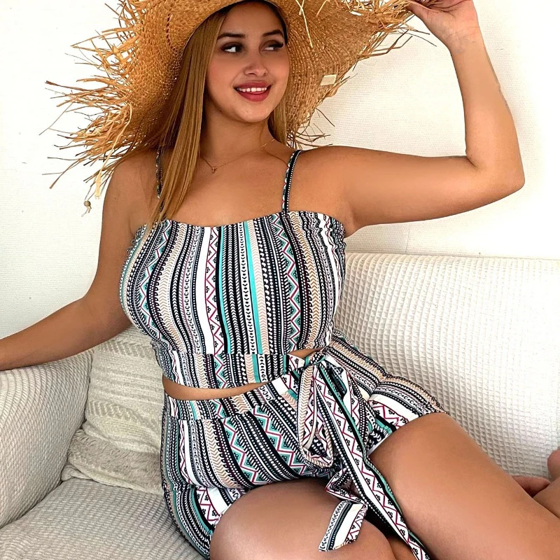 

Женский Летний Пляжный Купальник для бассейна, женский большой женский сексуальный раздельный купальник из 2 предметов, полосатый бикини ...