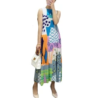 women miyake pleated sleeveless dress hit color print long length dresses slim waist elegant casual style 2022 new summer dress