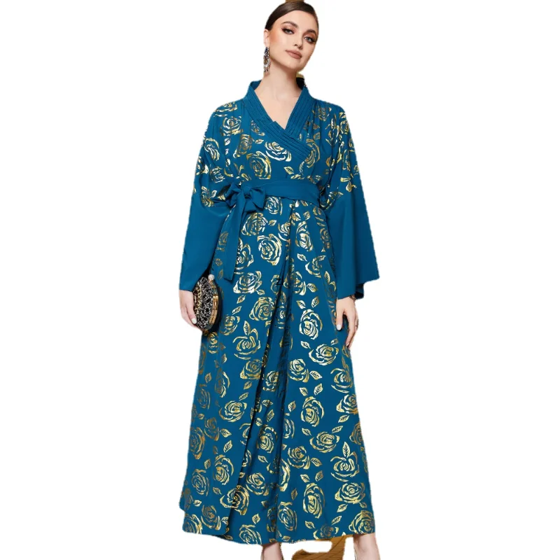 Baju Muslim For Woman 2023 Vintage Print Casual Loose  Kimono Abaya Dolman Sleeve Belted Religious Robes Ramadan Wear