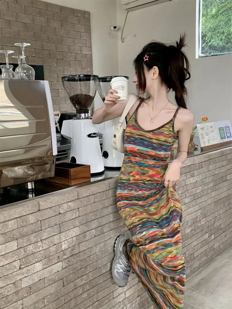 Французская Летняя мода новый дизайн нишевое приталенное платье с радужными