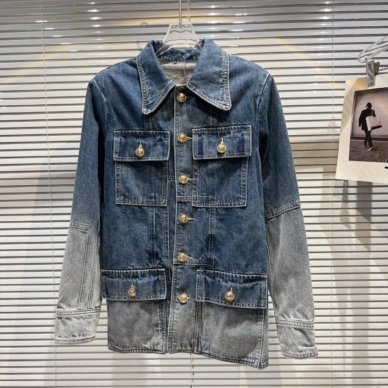 

Flap Pocket Metal Buckle Gradient Wash Pattern Denim Jacket Spring Women Coat
