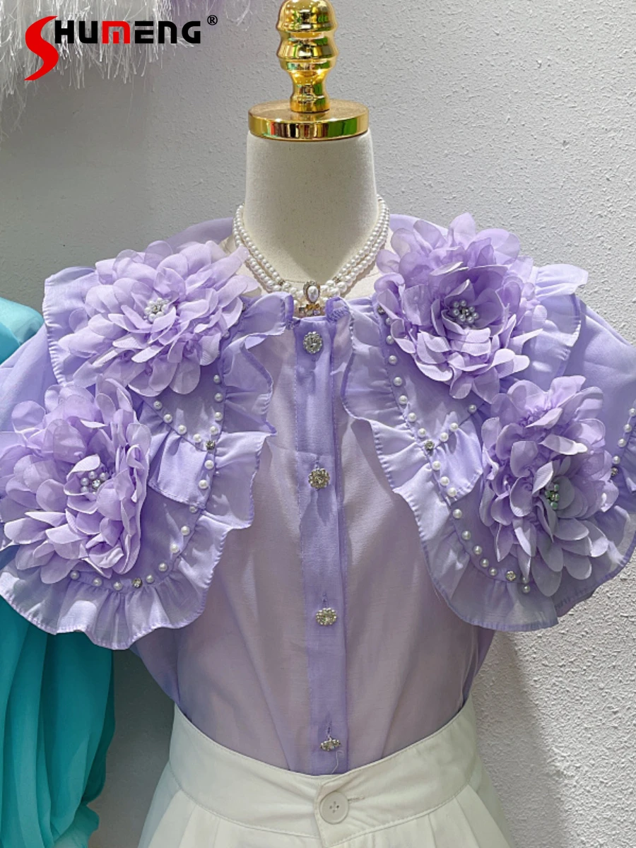 

Женская шифоновая блузка с объемными бусинами, элегантная простая однотонная блузка с рукавами-фонариками, лето 2022