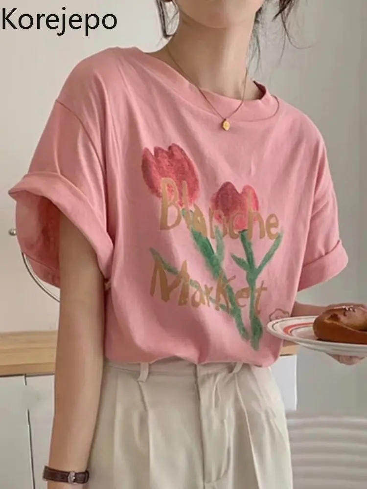 

Корейская Футболка с принтом тюльпана, шикарный женский летний топ с коротким рукавом, новинка 2022, элегантные французские Свободные повсед...