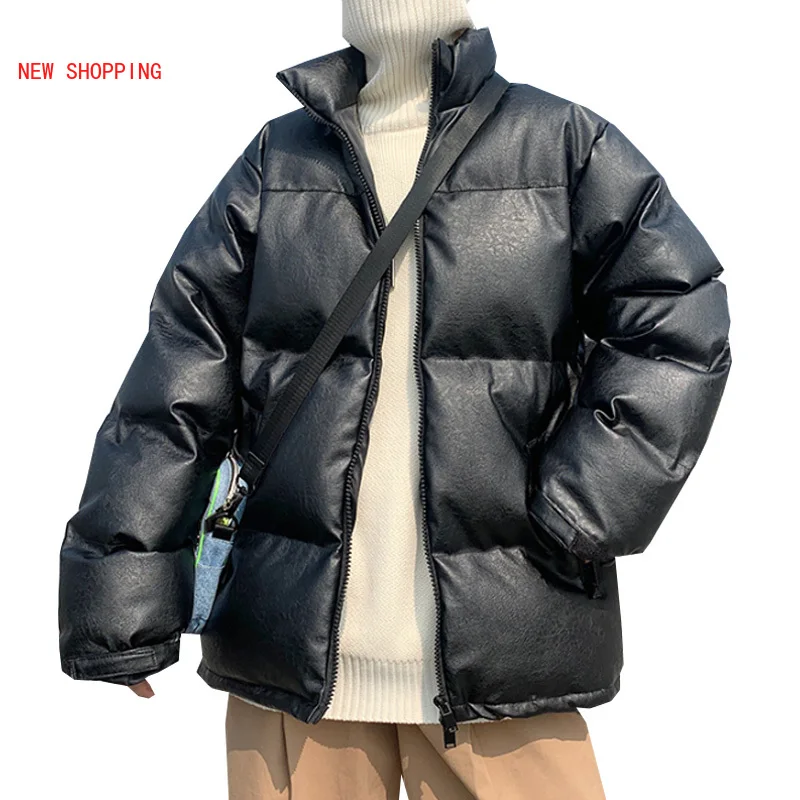 High-Quality Warm PU Leather Oversize Paka New 2022 Autumn Winter Men Jackets Loose Puffer Parkas Short Coat Man Overcoat Black