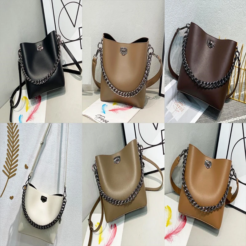 2023 New Luxury Women Shoulder Bag Genuine Leather Female Bucket Bags Lady Fashion Versatile Metal Chain Handbag Messenger Bag
