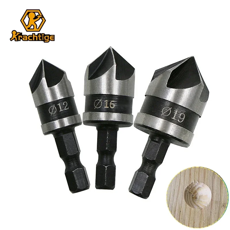 

3 шт. 90 градусов 1/4 "Шестигранная 5 канавка зенкер сверло Концевая фреза резак ручной инструмент для дерева металла 12 мм 16 мм 19 мм столярные инструменты