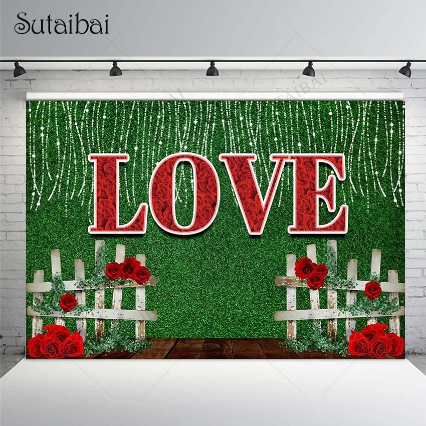 

Outdoor Wedding Party Valentine Background Red Flowers Green Lawn Enclosure Decoration Vinyl Cloth Backdrops Photo Studio Props