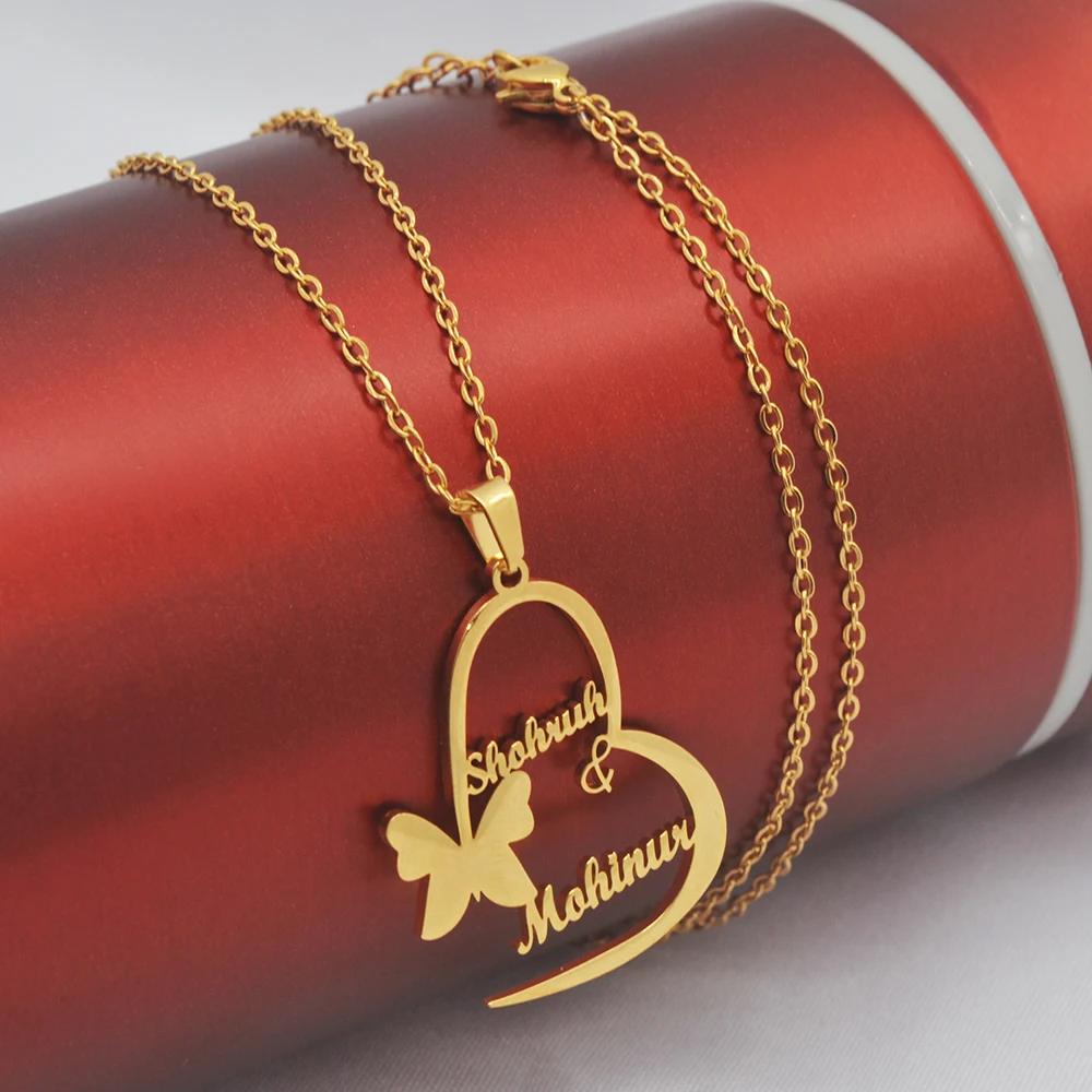 Custom Name Necklace Romantic Heart Butterfly Shape Pendant Personality Fashion Stainless Steel Cutting Nameplate Jewelry Lady