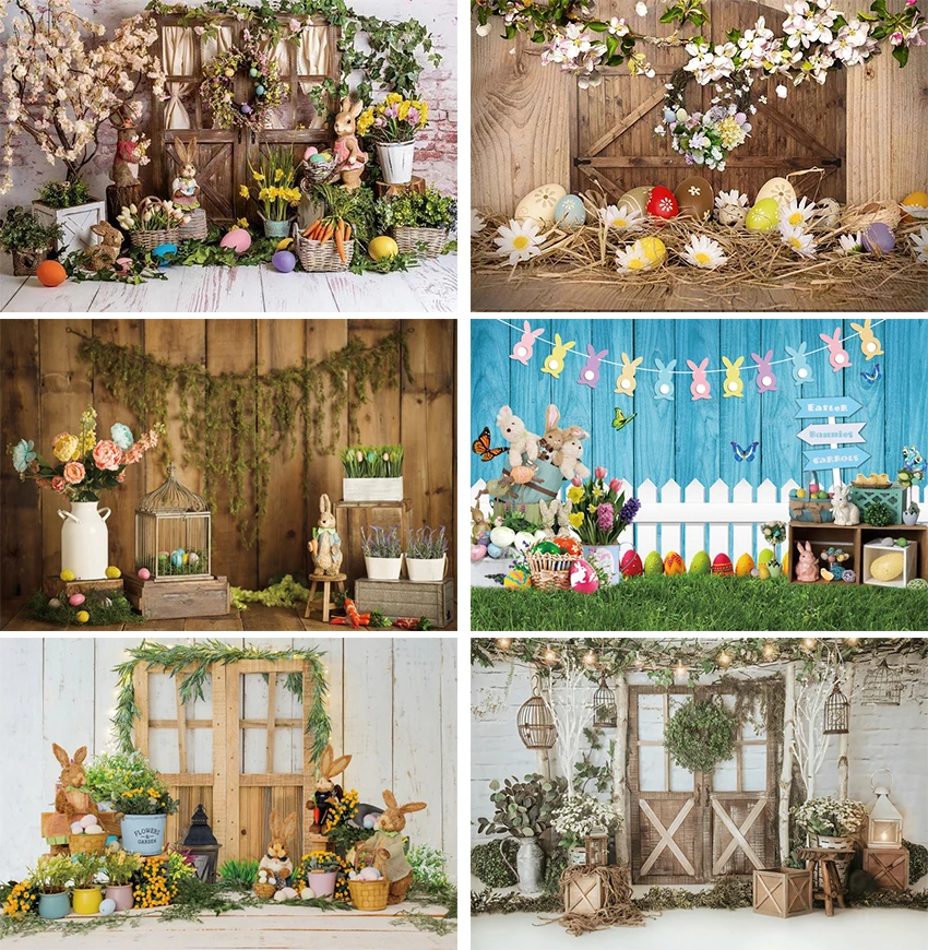 

Easter Wood Backdrop Spring Green Lawn Rabbit Egg Flower Wreath Newborn Baby Bunny Party Portrait Photo Photography Background