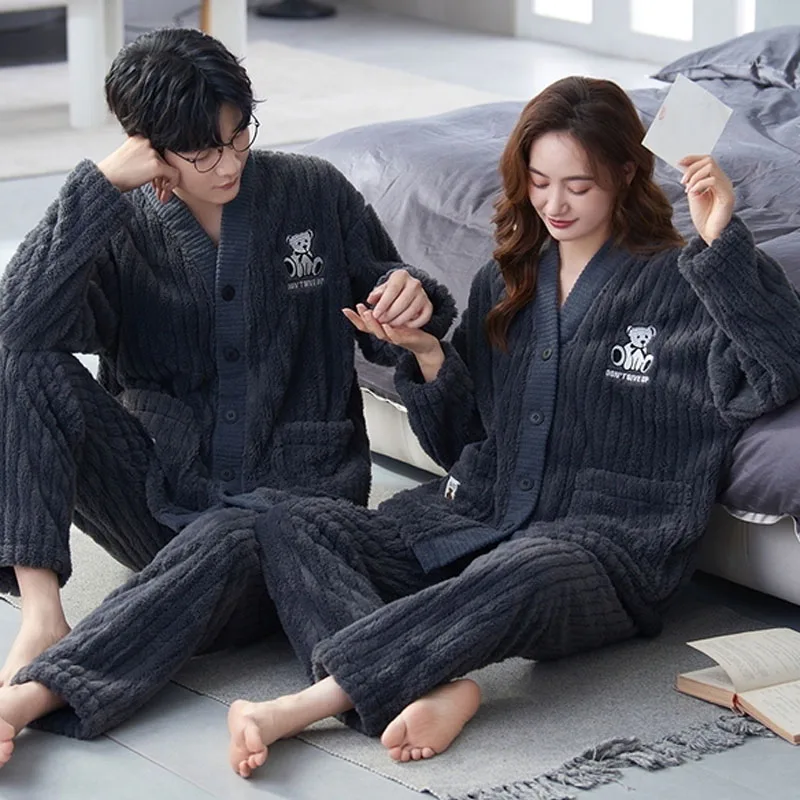 QUHENG Flannel Pajama Sets for Men Long Sleeve Thick Warm Coral Velvet Sleepwear Suit Winter Autumn Pyjamas Homewear Clothes
