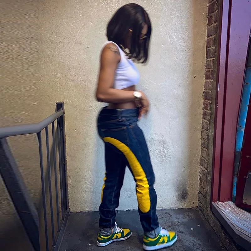 Women Cyber Y2k Goth Cargo Pants Fall 2023 New Low Rise Jeans Streetwear Colorblock Graphic Denim Trousers Baggy Jeans Women