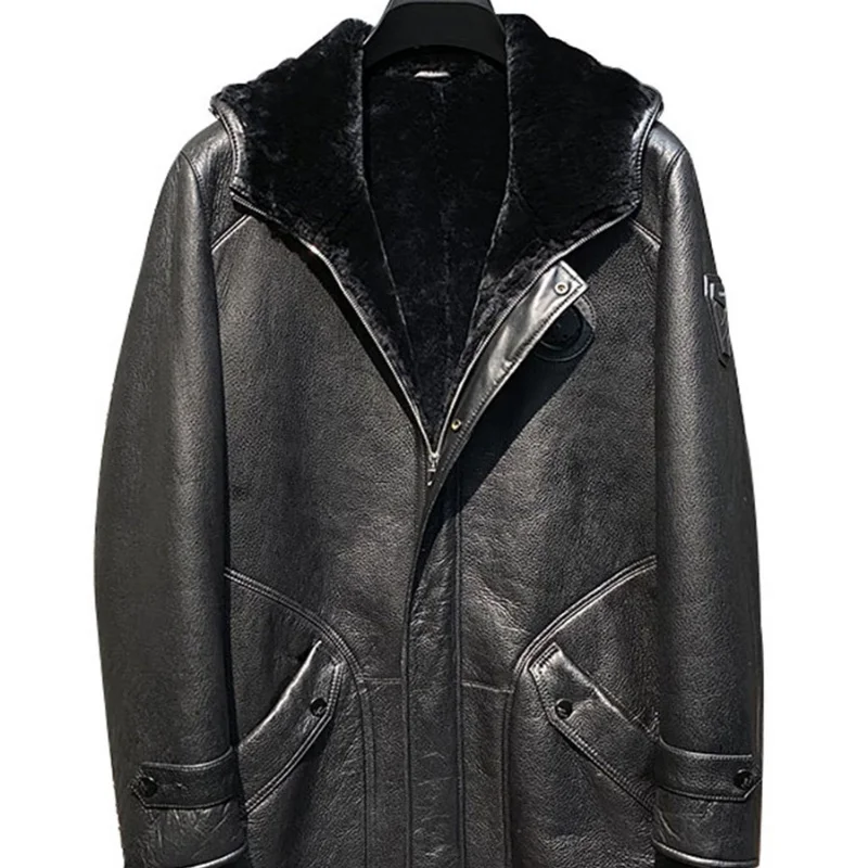 

Мужская длинная куртка из натуральной овечьей кожи, черное пальто с капюшоном, ZT103, зима 2023