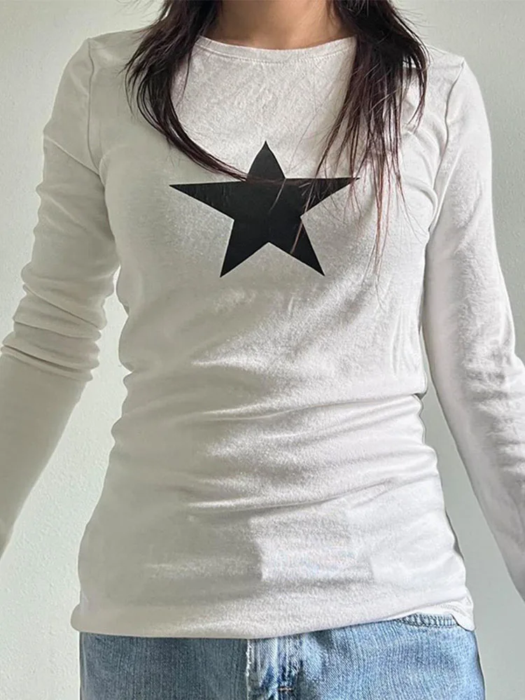 

COZOK осенние кавайные футболки с рисунком звезд Y2K Женские повседневные белые пуловеры с длинным рукавом Топы черные базовые футболки для гранжа 2022