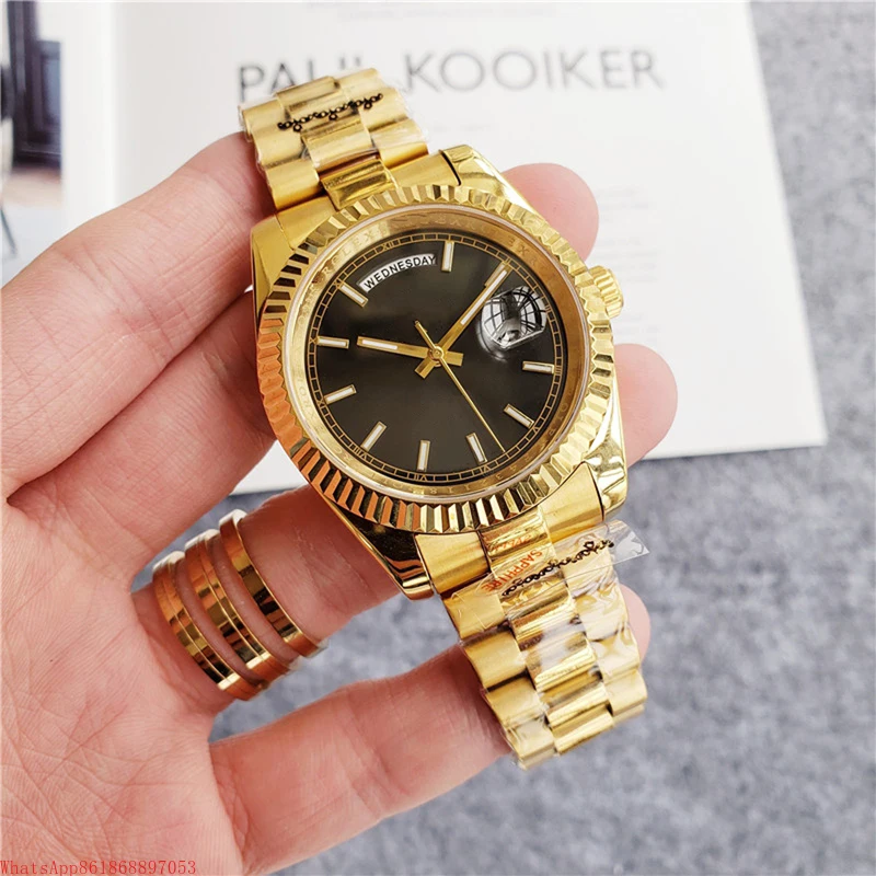 

mens automatic mechanical watch gold diamond blue black daydate