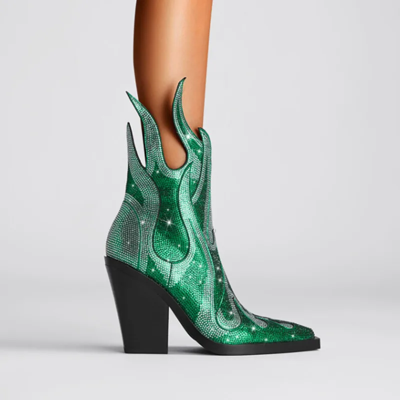 New Women's Rhinestone Flame Ankle Boots Fashion Square Head High Heels Western Boots Party Dress 43 Large Short Boots